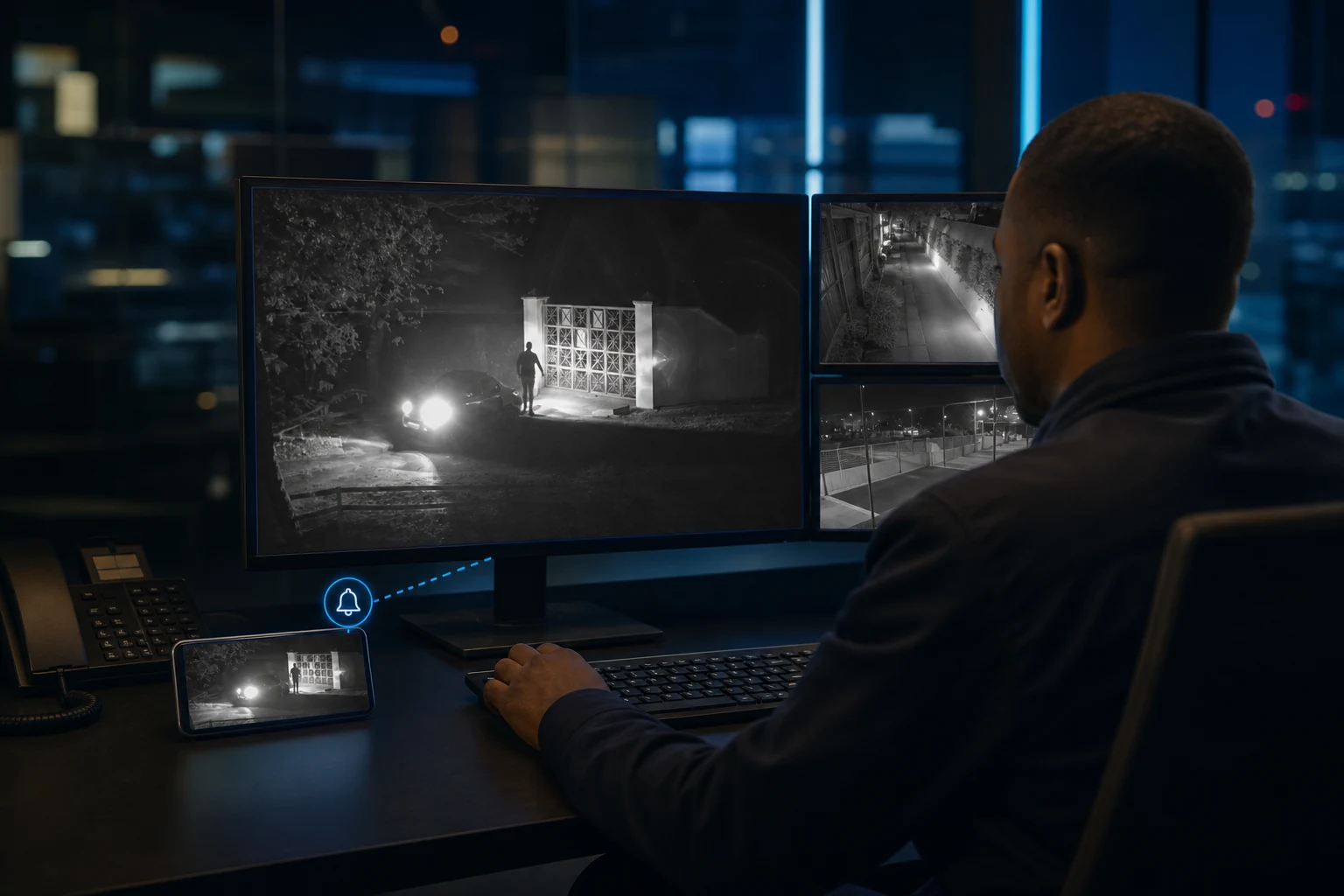 Control-room operator viewing live CCTV after a person-detection alert