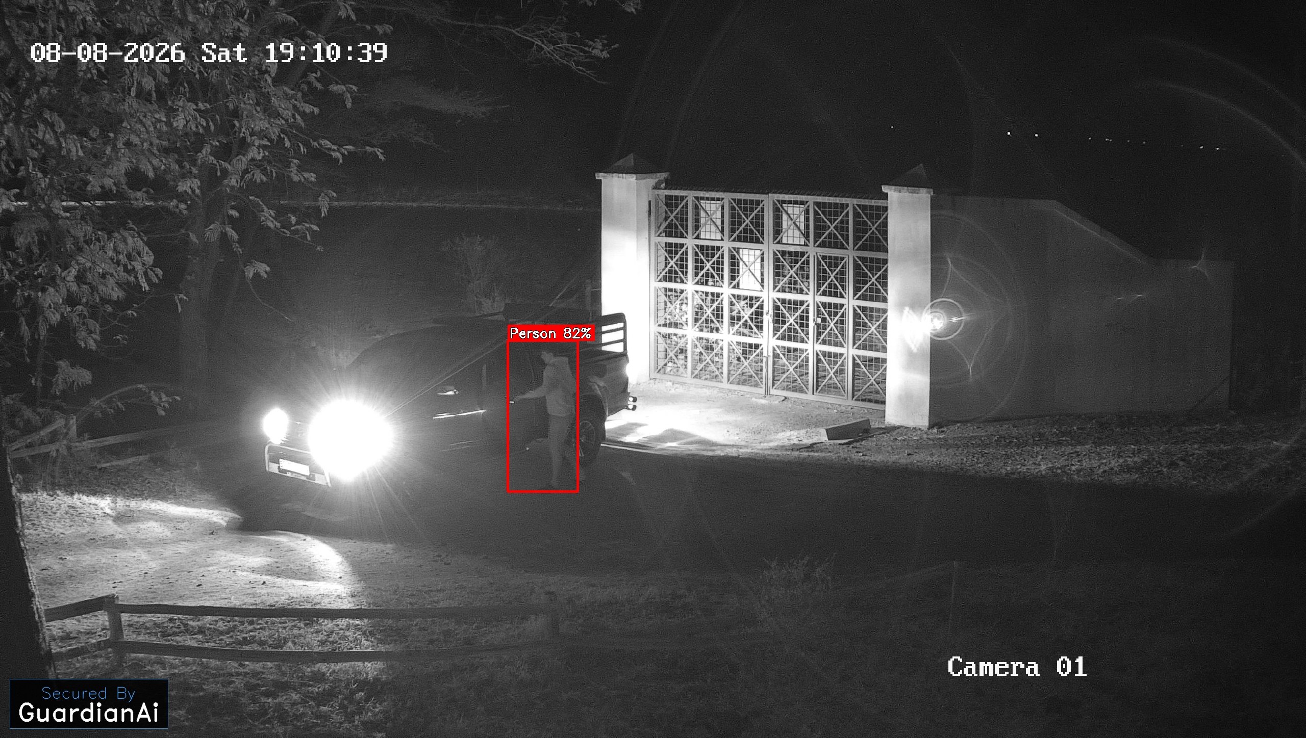 GuardianAI CCTV alert showing a detected person at a gate